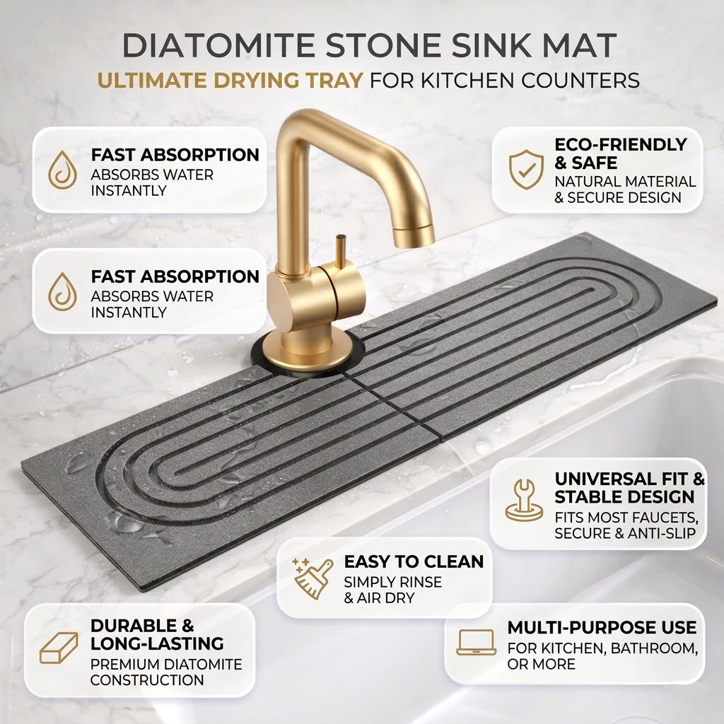 Rectangular diatomite sink mat with raised grooves around a kitchen faucet