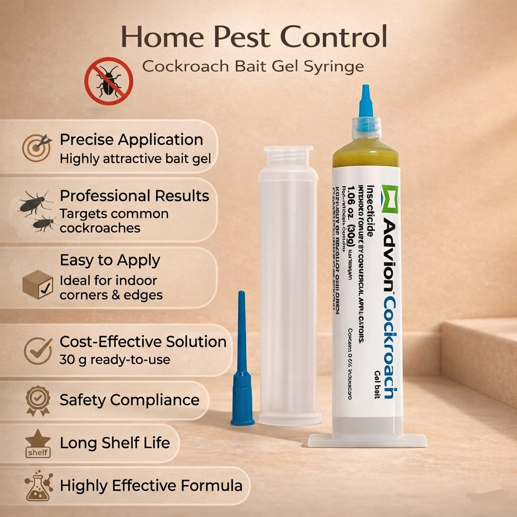 White cockroach control gel syringe with blue pointed nozzle and yellow gel