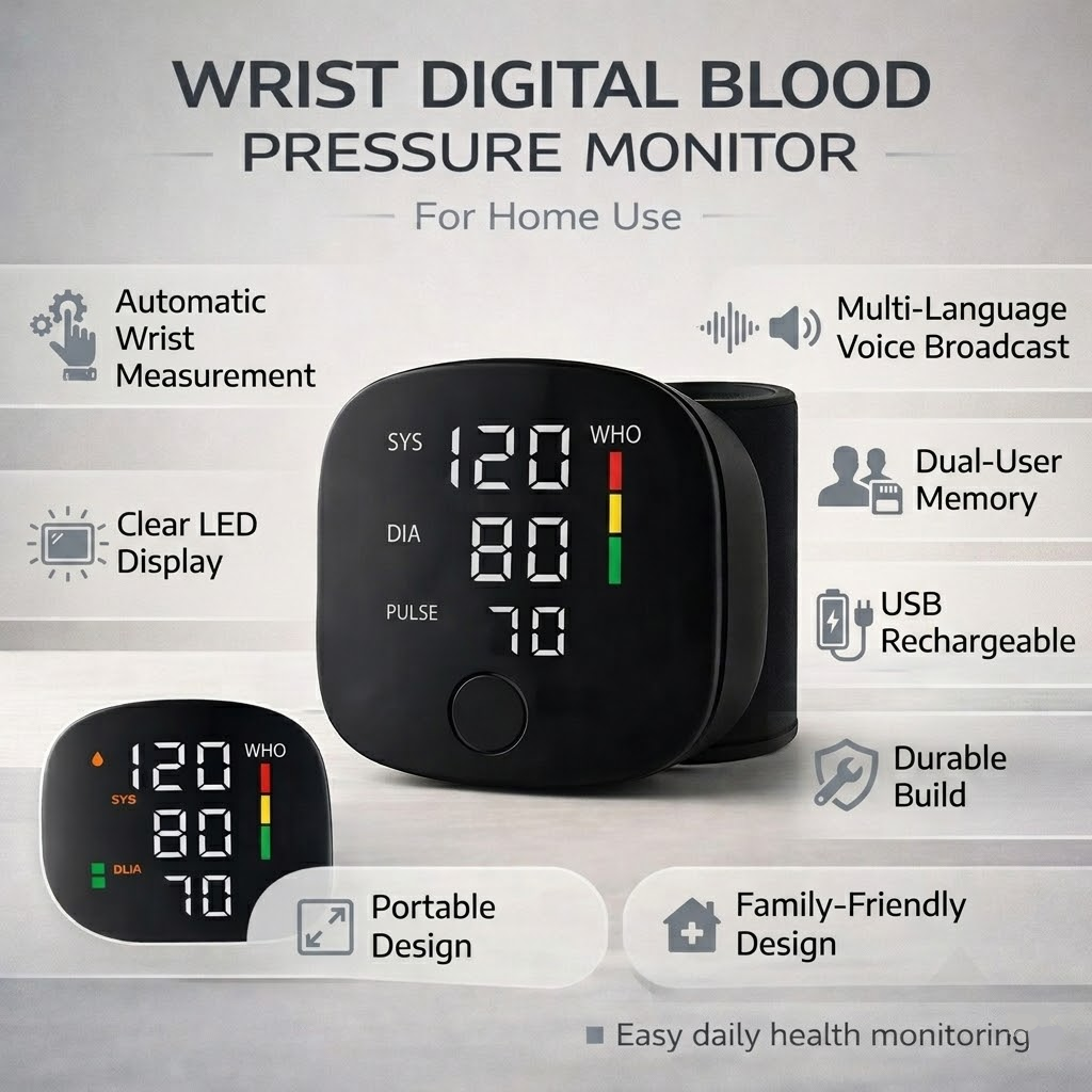 Black wrist blood pressure monitor with digital SYS DIA PUL display