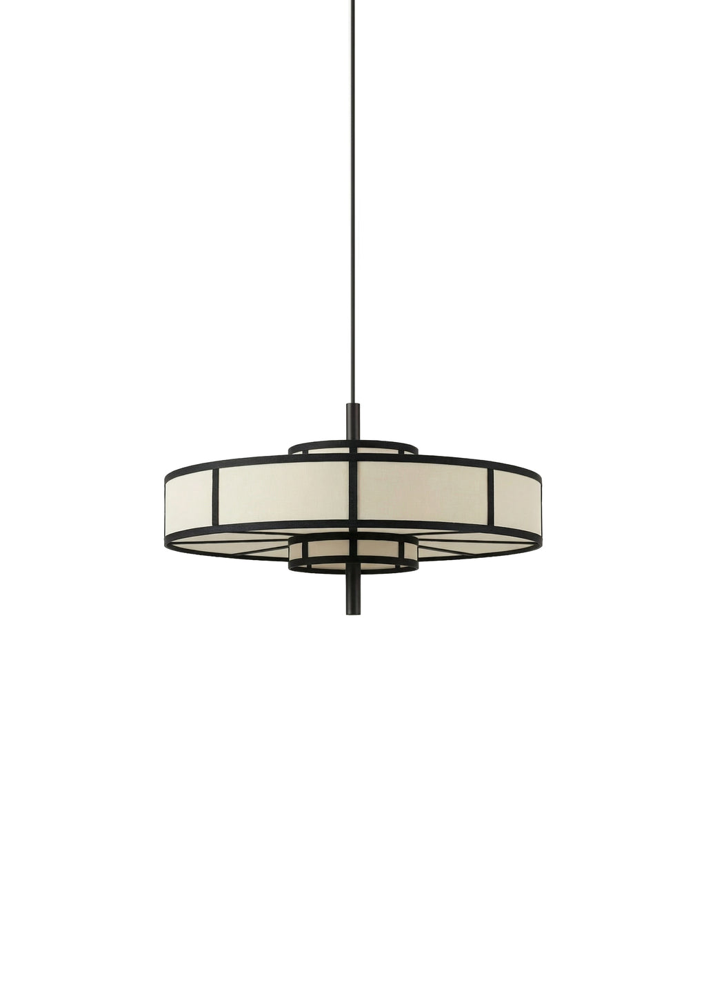 Black frame pendant light with cream drum shade