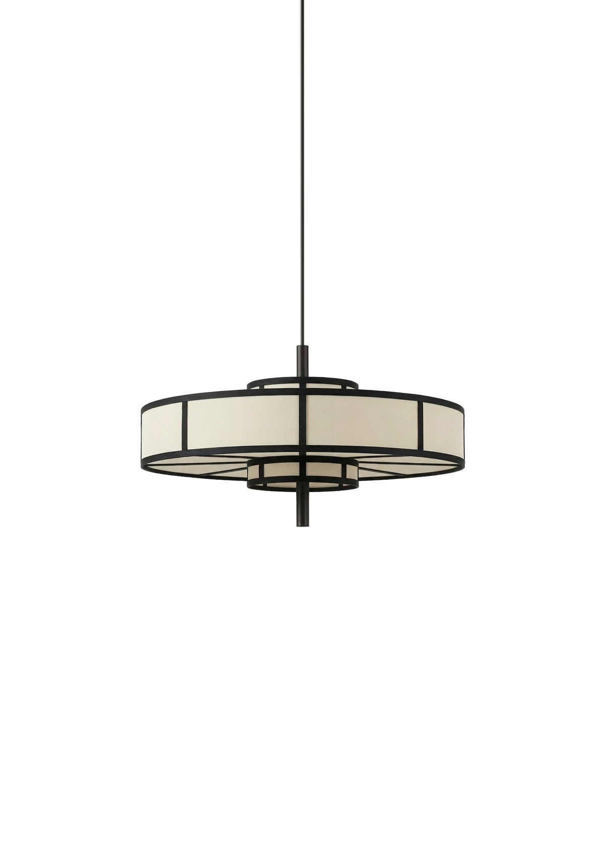 Black frame pendant light with cream drum shade