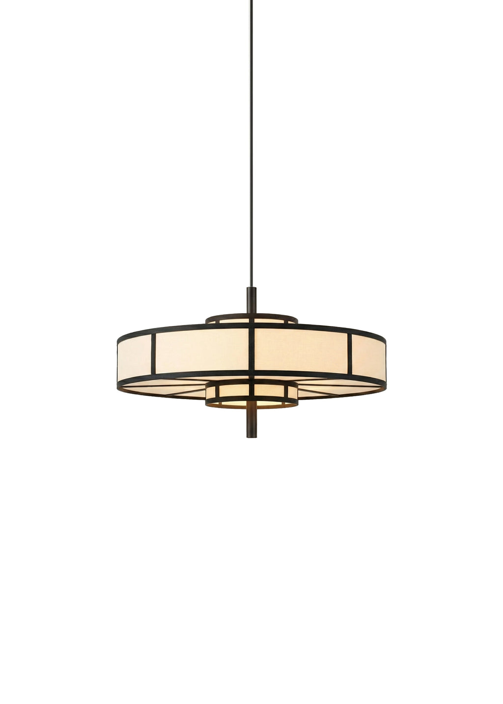 Black frame pendant light with cream drum shade