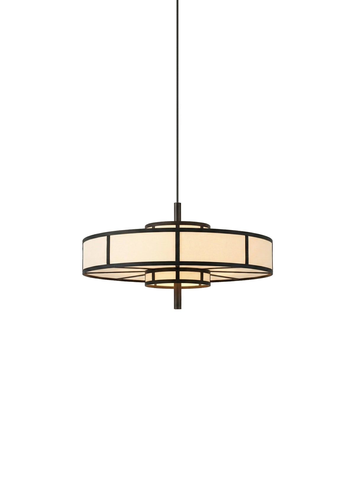 Black frame pendant light with cream drum shade
