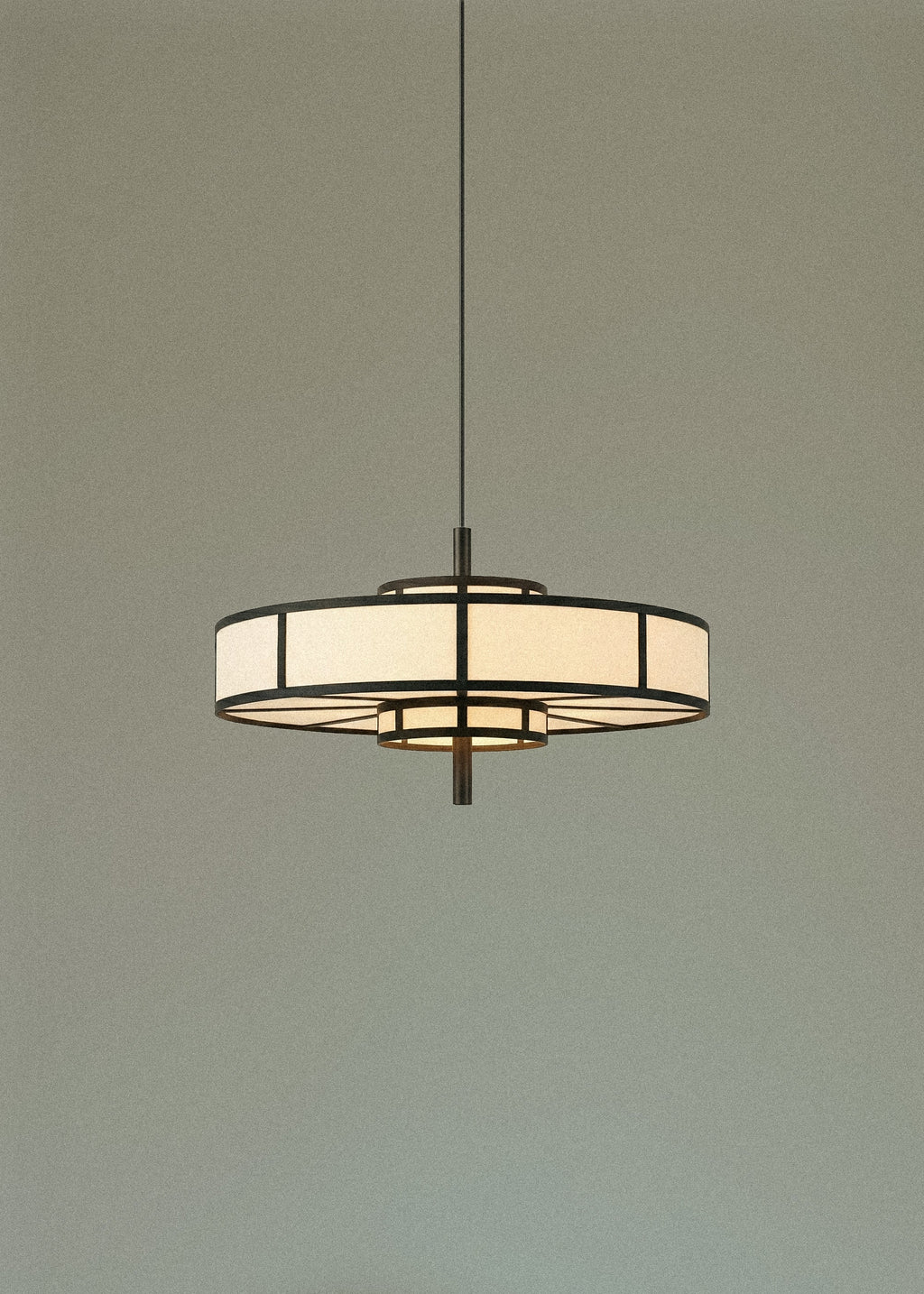Black frame pendant light with cream drum shade