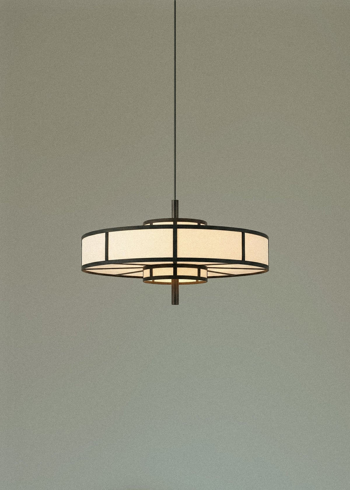 Black frame pendant light with cream drum shade