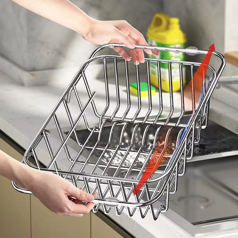 Expandable silver stainless steel sink dish drainer rack