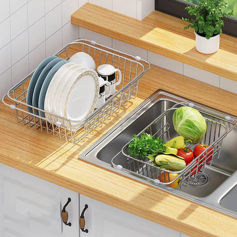 Expandable silver stainless steel sink dish drainer rack