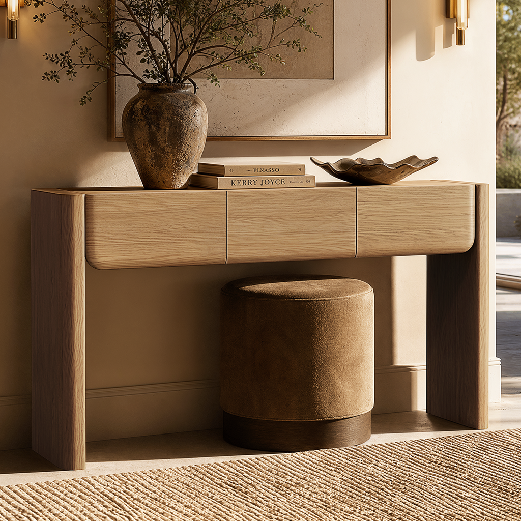 Brown wood-effect console table with three curved-front drawers