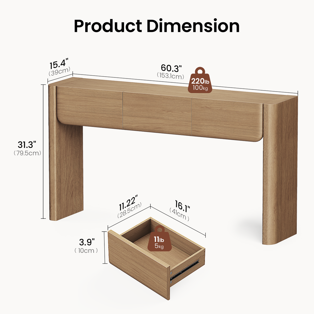 Brown wood-effect console table with three curved-front drawers