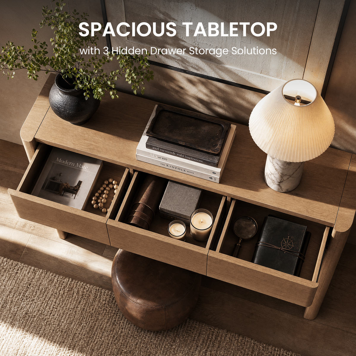 Brown wood-effect console table with three curved-front drawers
