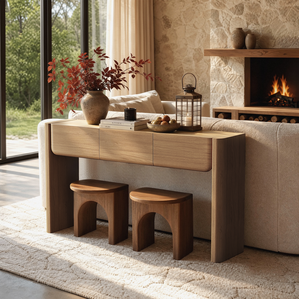 Brown wood-effect console table with three curved-front drawers