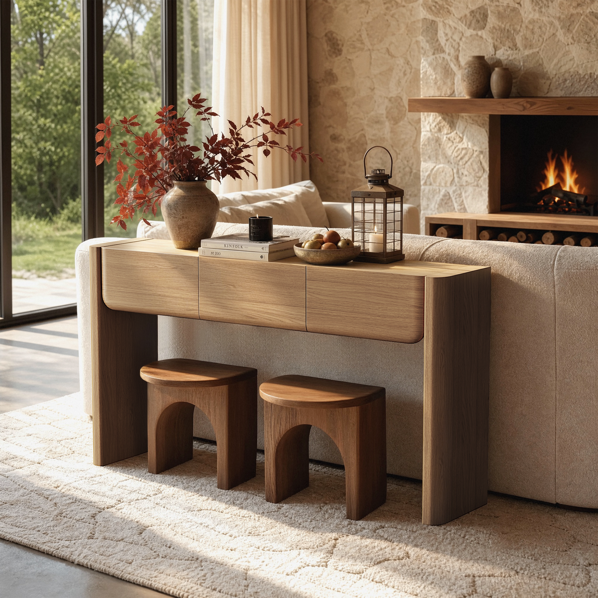 Brown wood-effect console table with three curved-front drawers