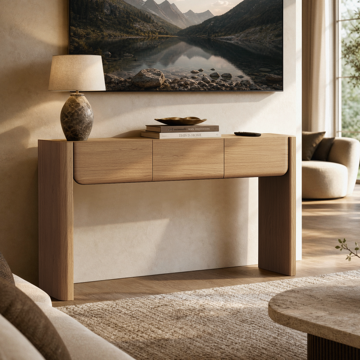 Brown wood-effect console table with three curved-front drawers