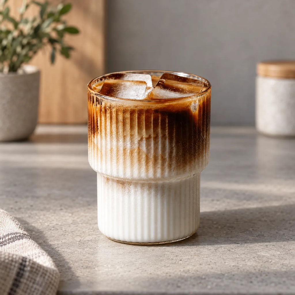 Aequa - Ribbed Glass Tumblers Serving Iced Coffee