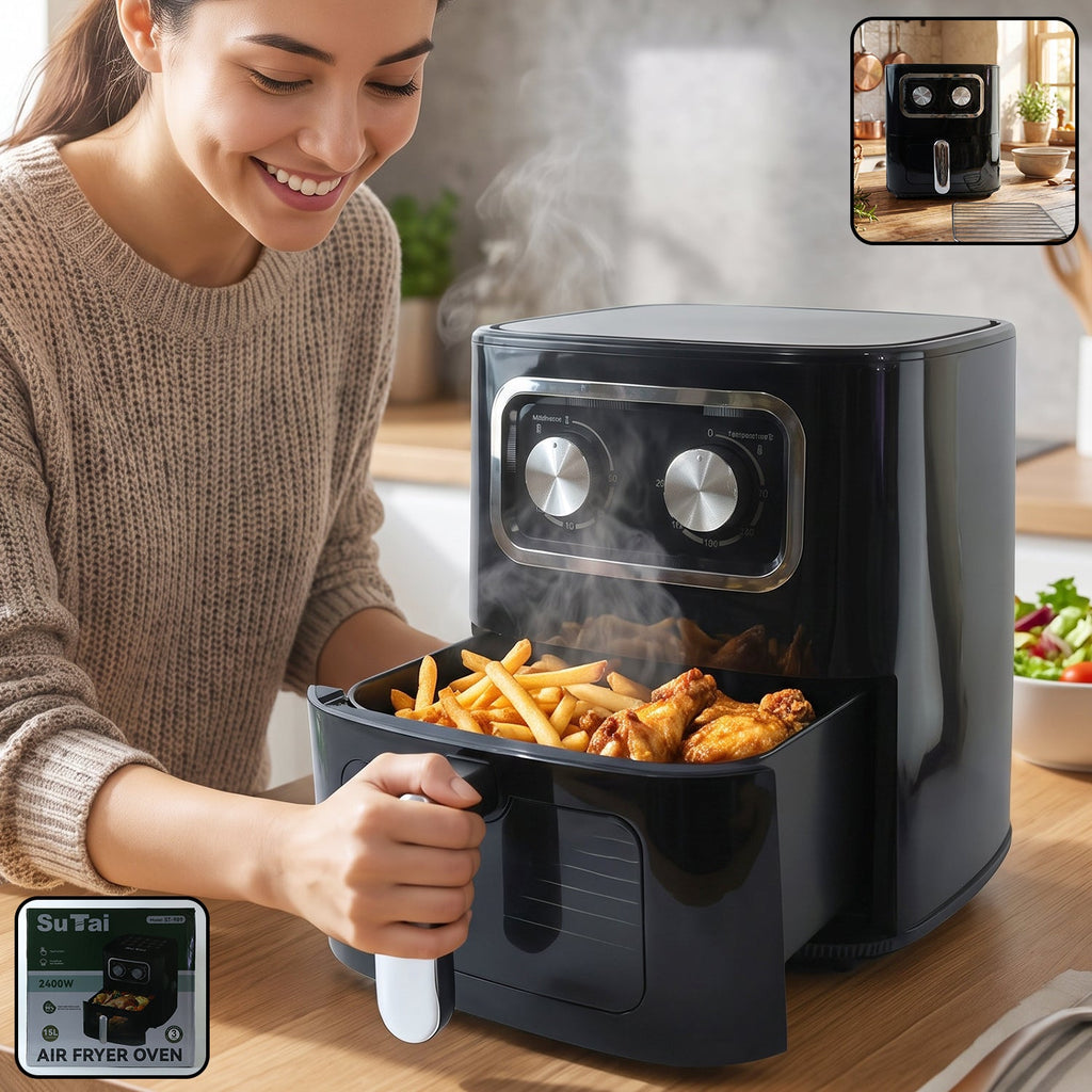 Black 15 litre air fryer oven with front cooking drawer and two rotary controls