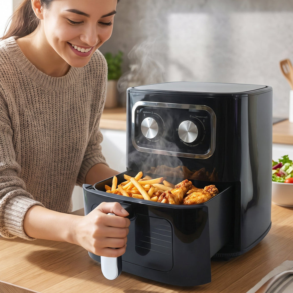 Black 15 litre air fryer oven with front cooking drawer and two rotary controls