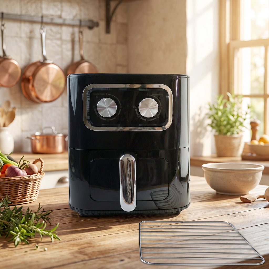 Black 15 litre air fryer oven with front cooking drawer and two rotary controls