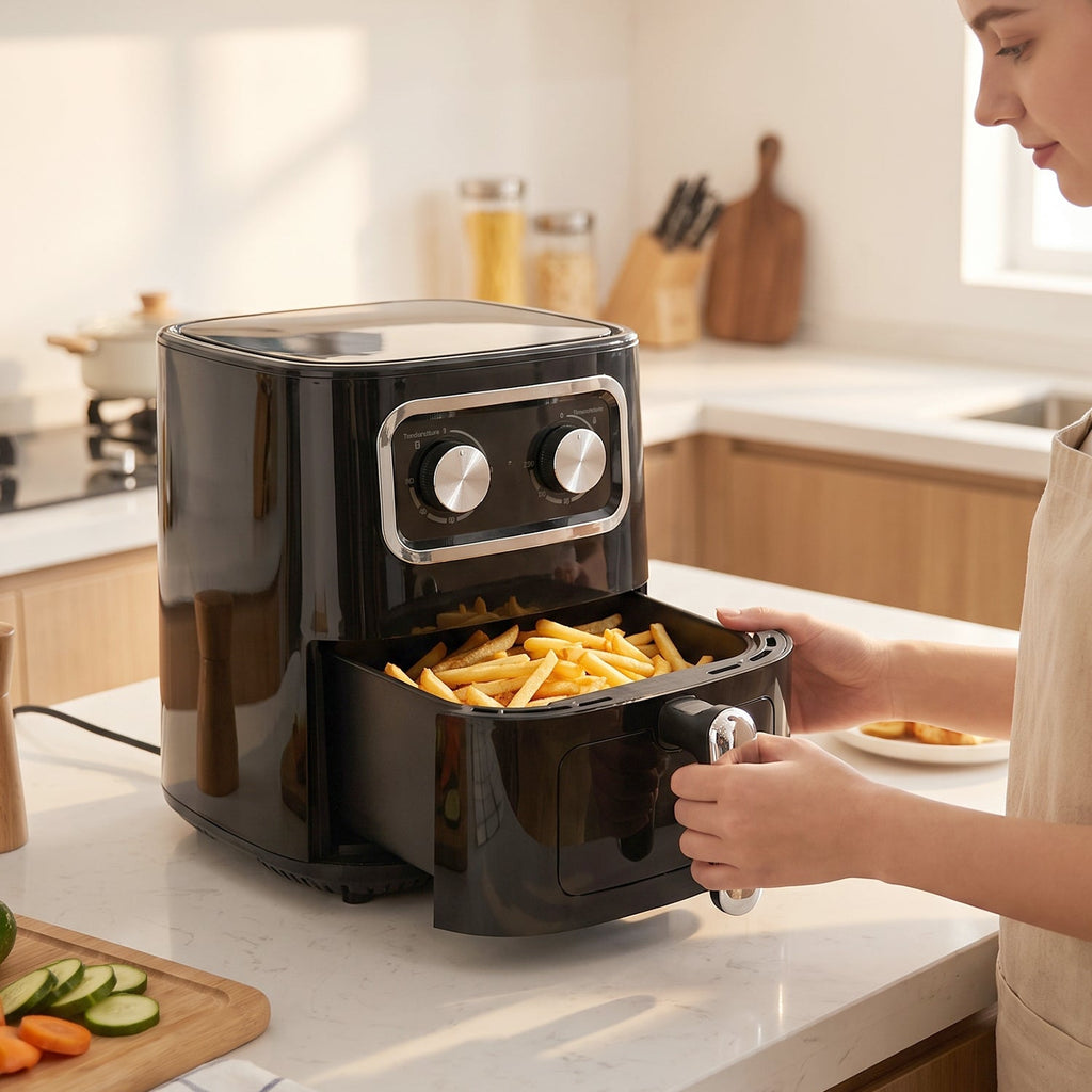 Black 15 litre air fryer oven with front cooking drawer and two rotary controls