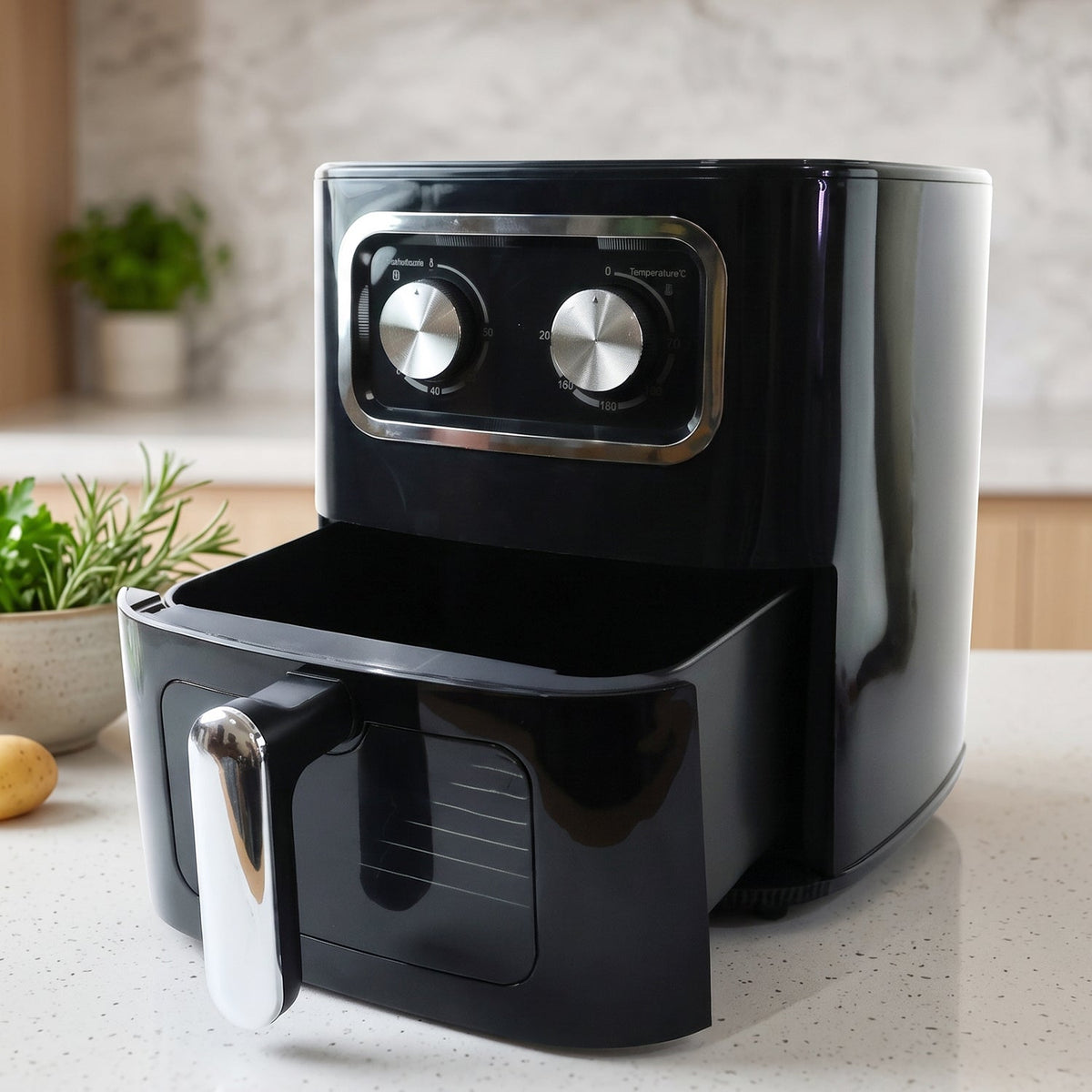Black 15 litre air fryer oven with front cooking drawer and two rotary controls