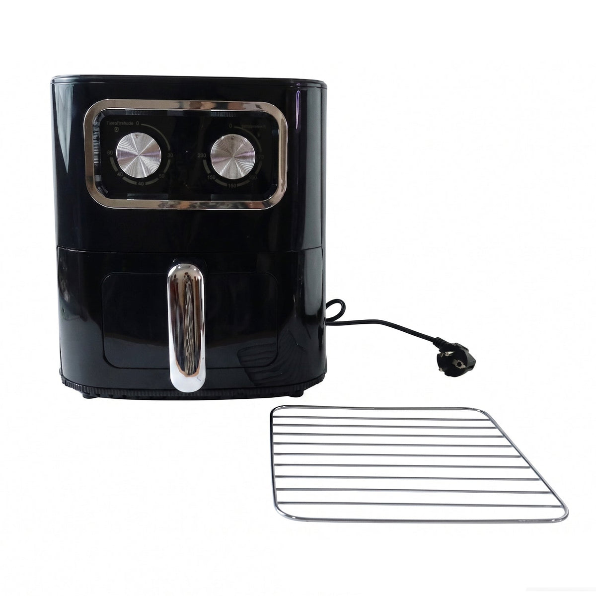 Black 15 litre air fryer oven with front cooking drawer and two rotary controls