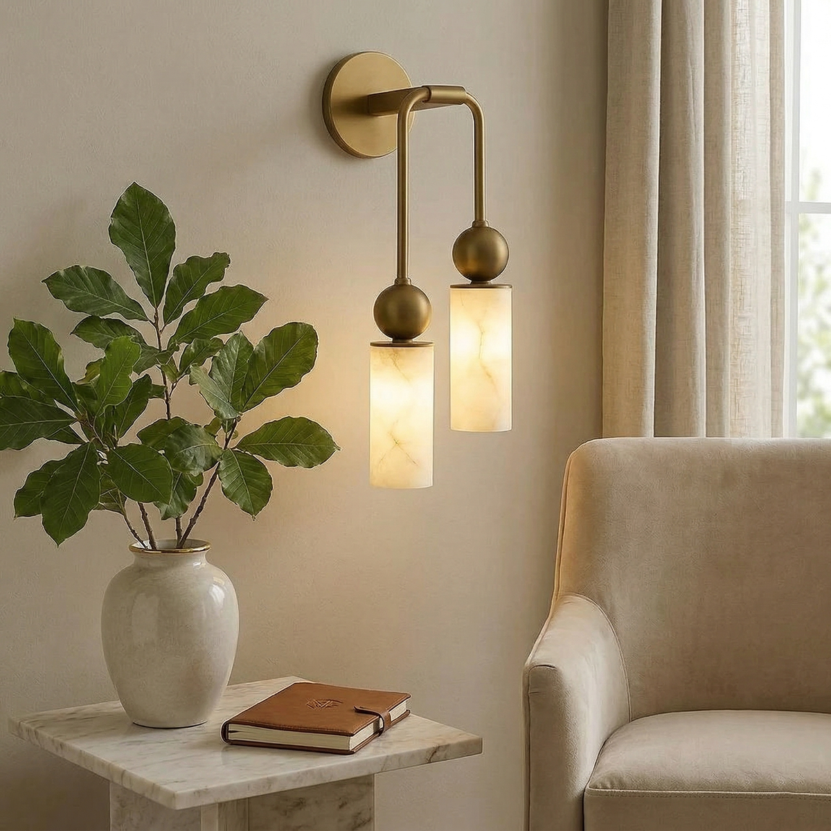 Double brass-tone wall lamp with two alabaster cylindrical shades