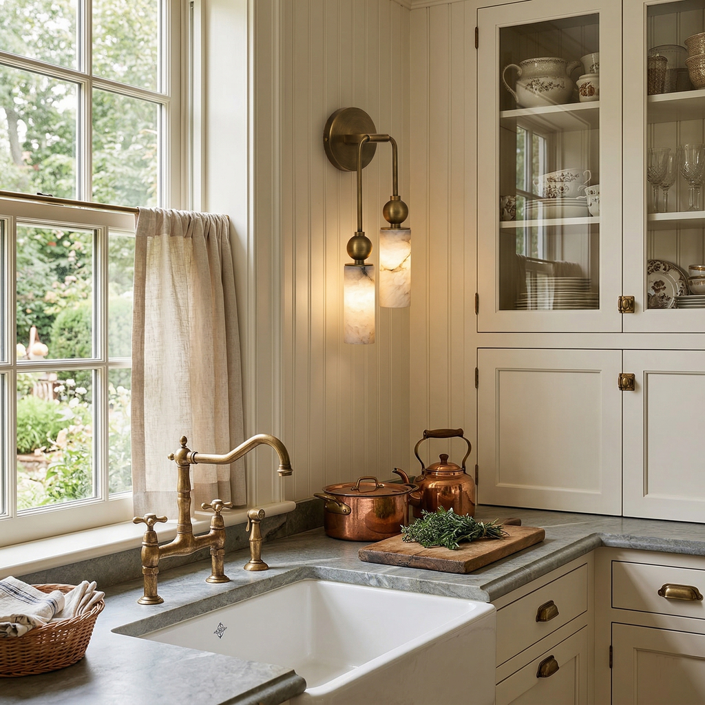 Double brass-tone wall lamp with two alabaster cylindrical shades