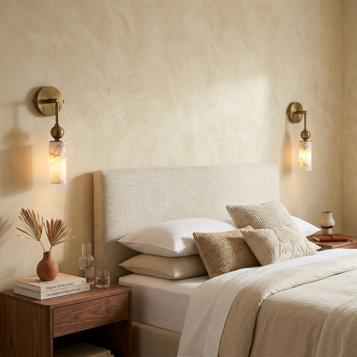 Double brass-tone wall lamp with two alabaster cylindrical shades