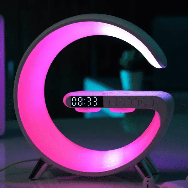 Smart alarm clock with digital display and colour-changing circular light ring