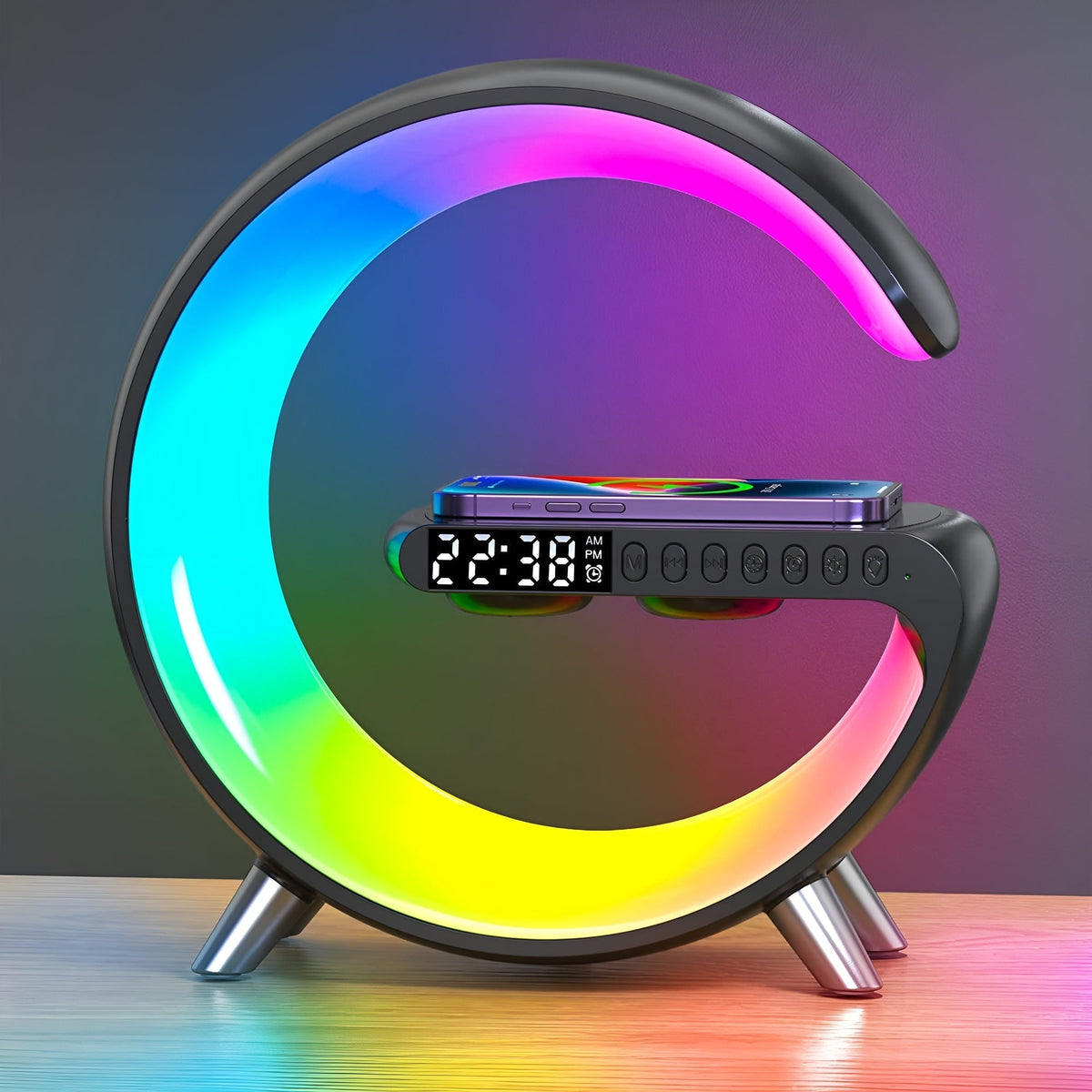 Smart alarm clock with digital display and colour-changing circular light ring