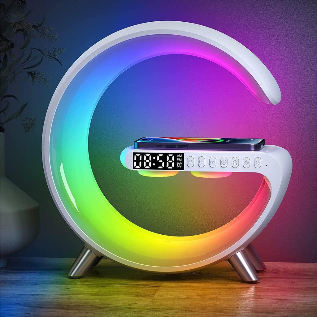 Smart alarm clock with digital display and colour-changing circular light ring