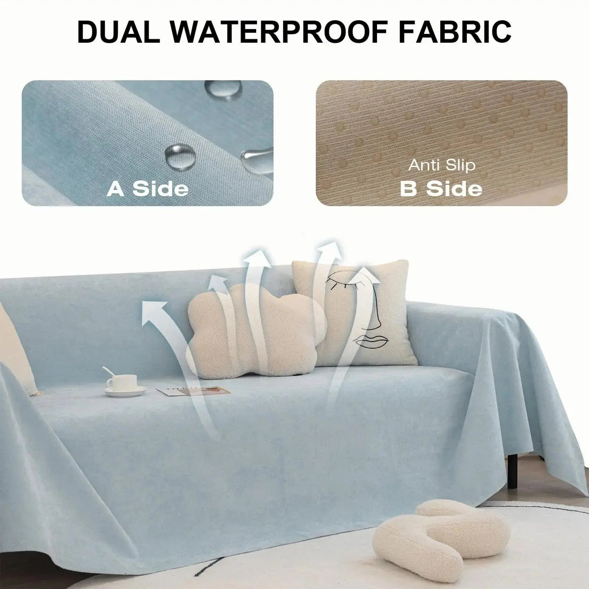 Solid light blue waterproof sofa cover draped over a sofa