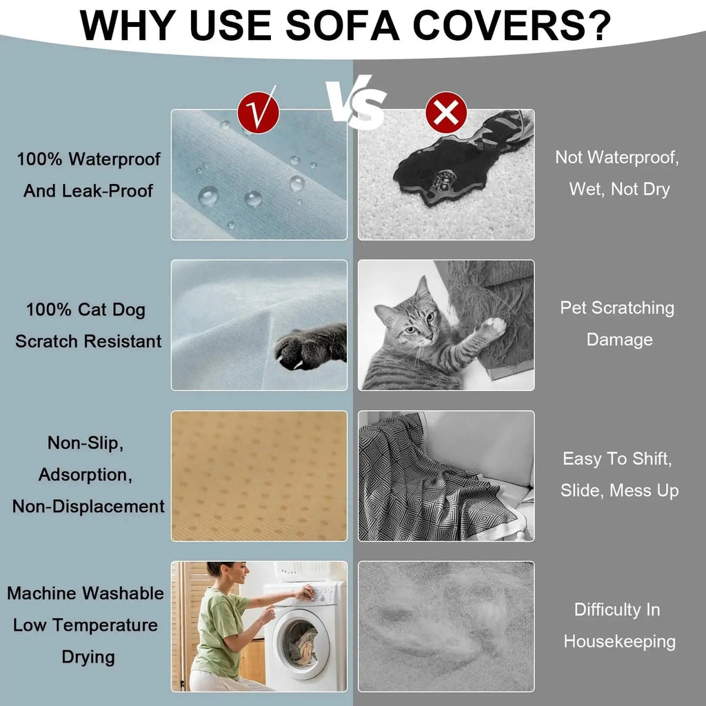 Solid light blue waterproof sofa cover draped over a sofa
