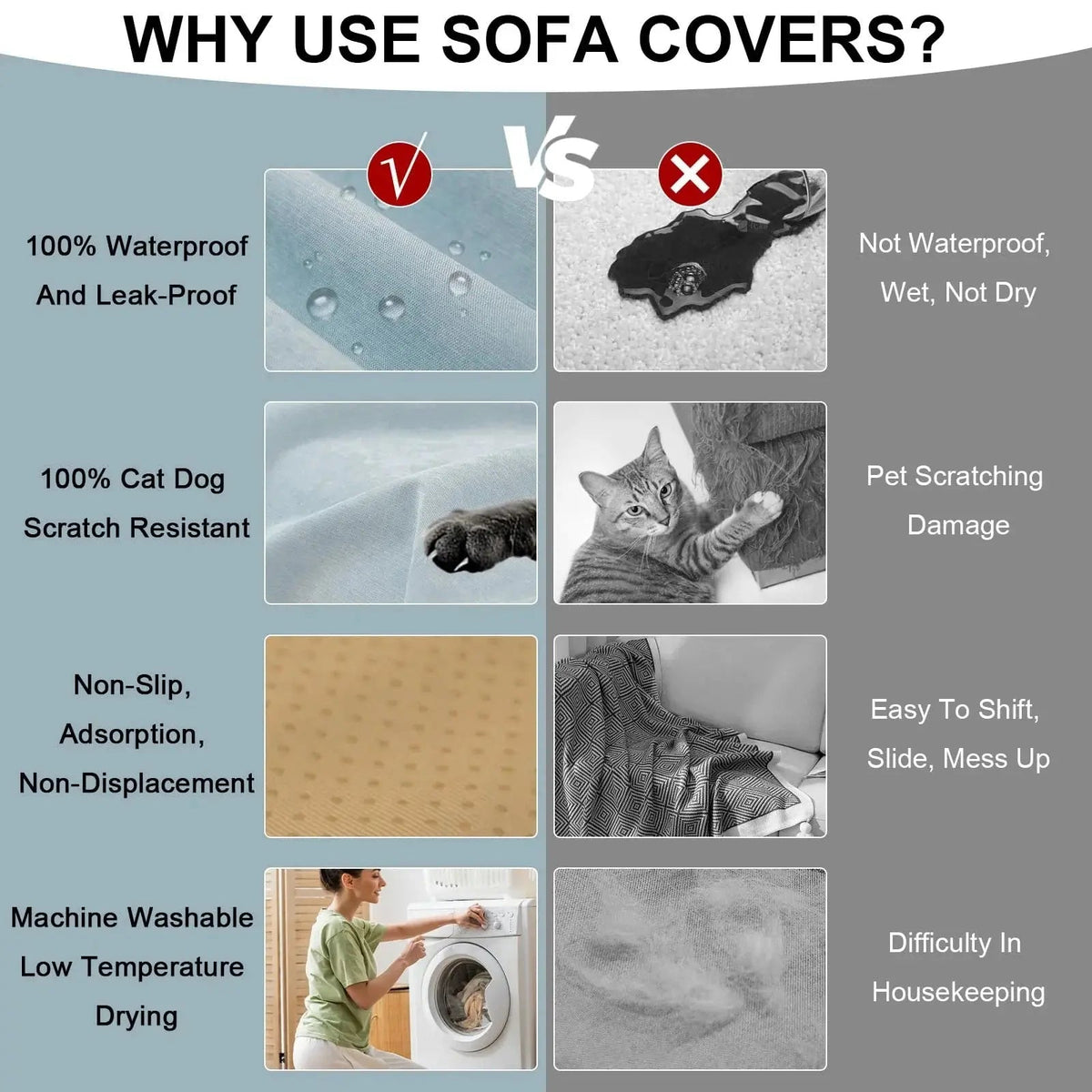Solid light blue waterproof sofa cover draped over a sofa