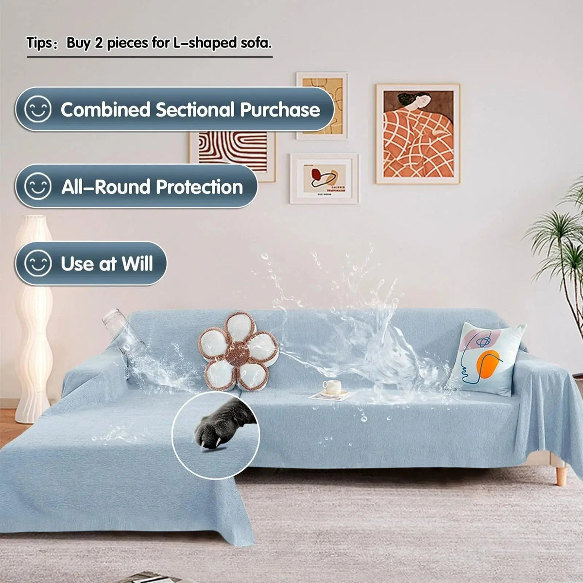 Solid light blue waterproof sofa cover draped over a sofa