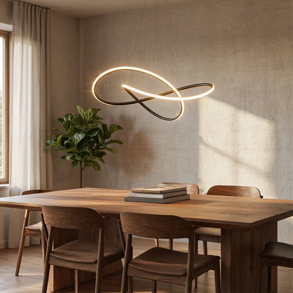 Pendant ceiling light with an illuminated interwoven clover loop design