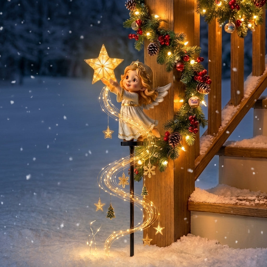 Christmas garden stake decoration with warm white lights and festive reindeer or angel design