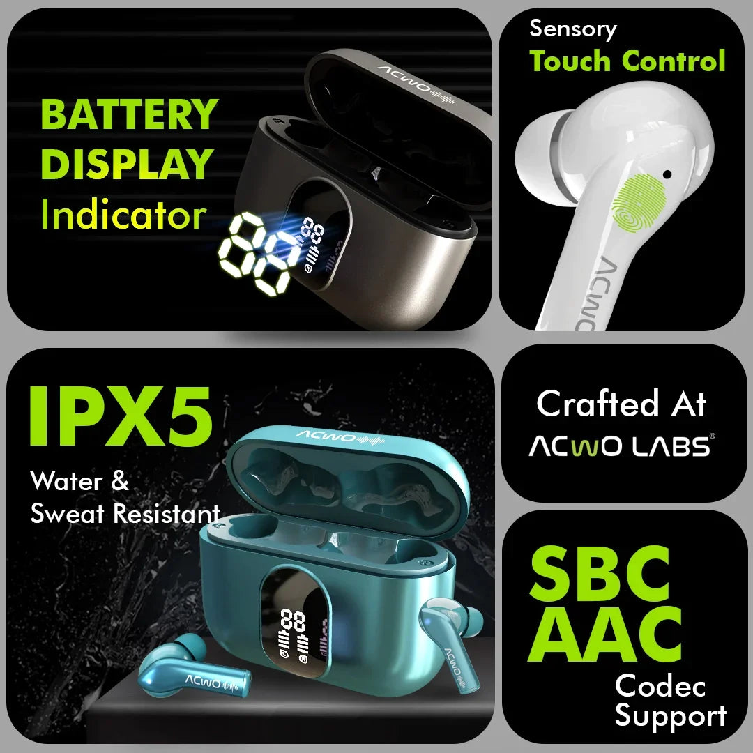 True wireless earbuds in a charging case with digital display