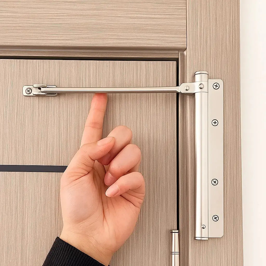 Surface-mounted door closer with long linking arm fitted to a door
