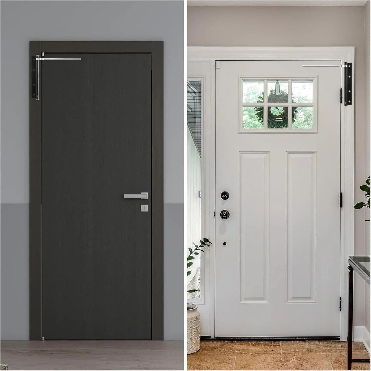 Surface-mounted door closer with long linking arm fitted to a door