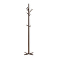 Tall brown solid wood coat rack with branch-style hooks and cross-shaped base