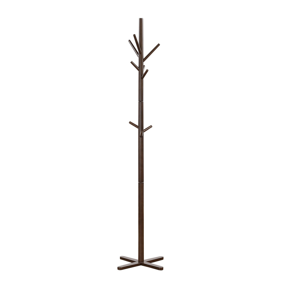 Tall brown solid wood coat rack with branch-style hooks and cross-shaped base