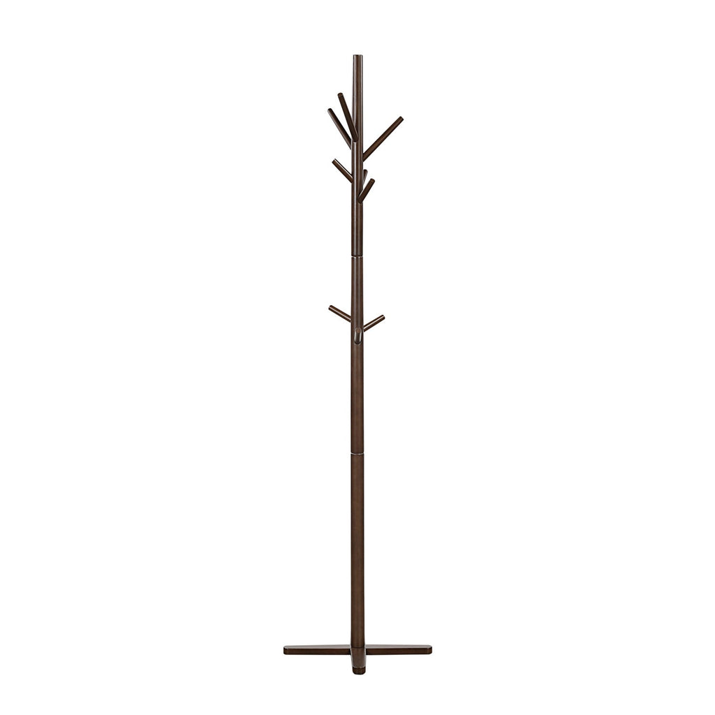 Tall brown solid wood coat rack with branch-style hooks and cross-shaped base