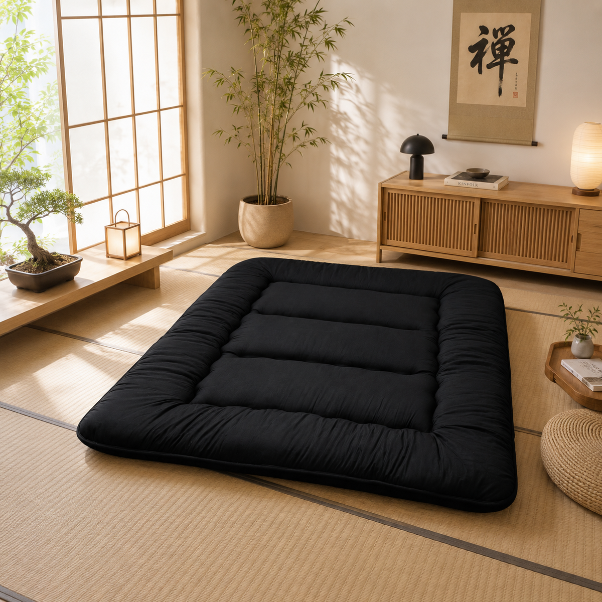 Foldable padded Japanese floor mattress with a raised border
