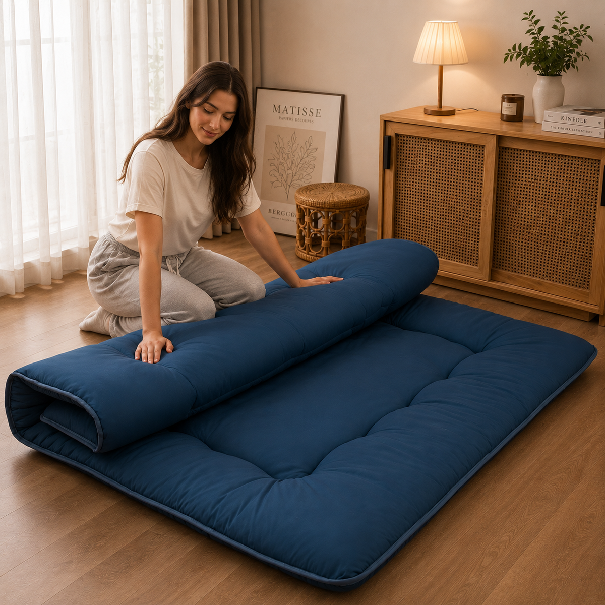 Foldable padded Japanese floor mattress with a raised border
