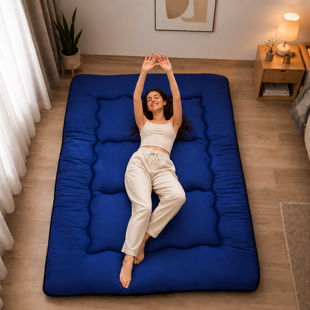 Foldable padded Japanese floor mattress with a raised border