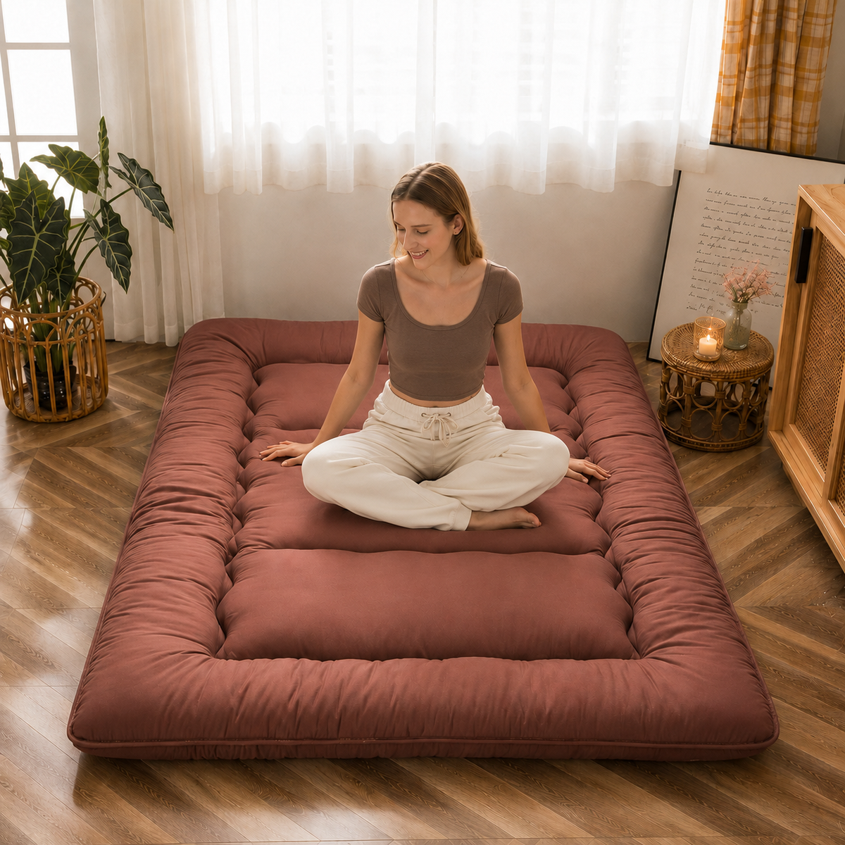 Foldable padded Japanese floor mattress with a raised border