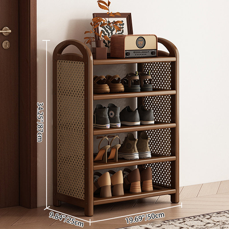 Multi-tier shoe storage shelf with rattan-effect side panels