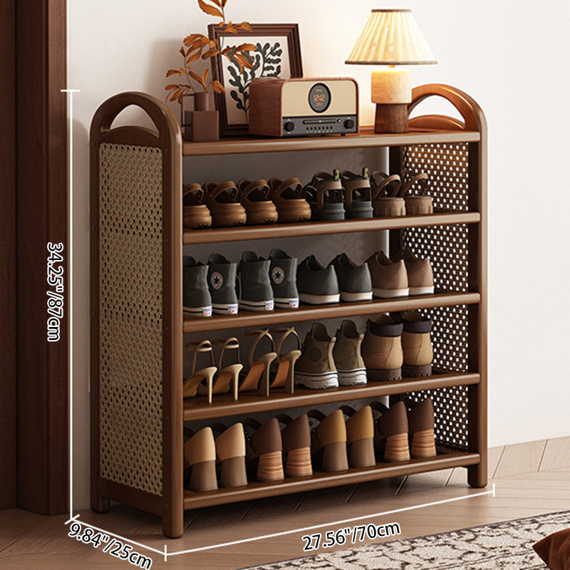Multi-tier shoe storage shelf with rattan-effect side panels