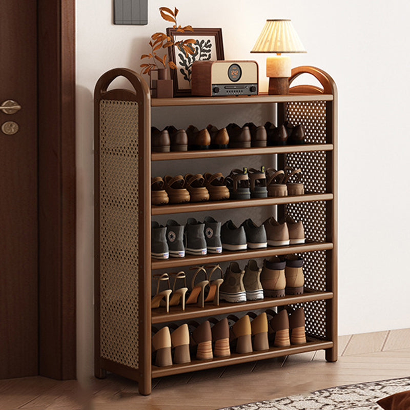 Multi-tier shoe storage shelf with rattan-effect side panels