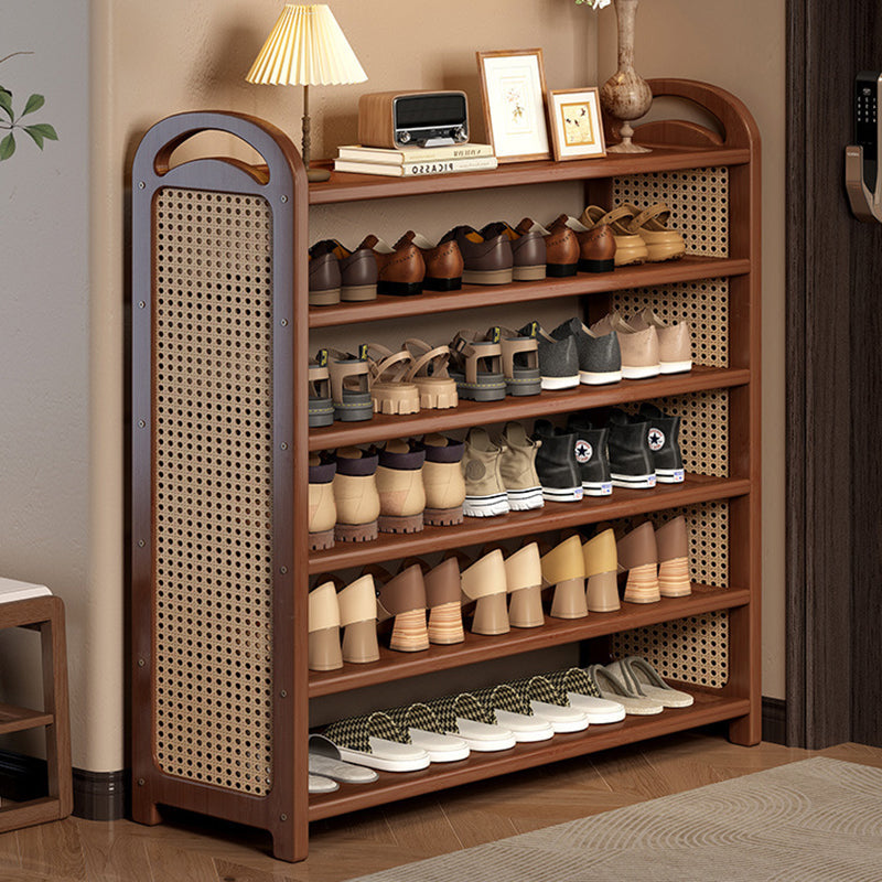 Multi-tier shoe storage shelf with rattan-effect side panels